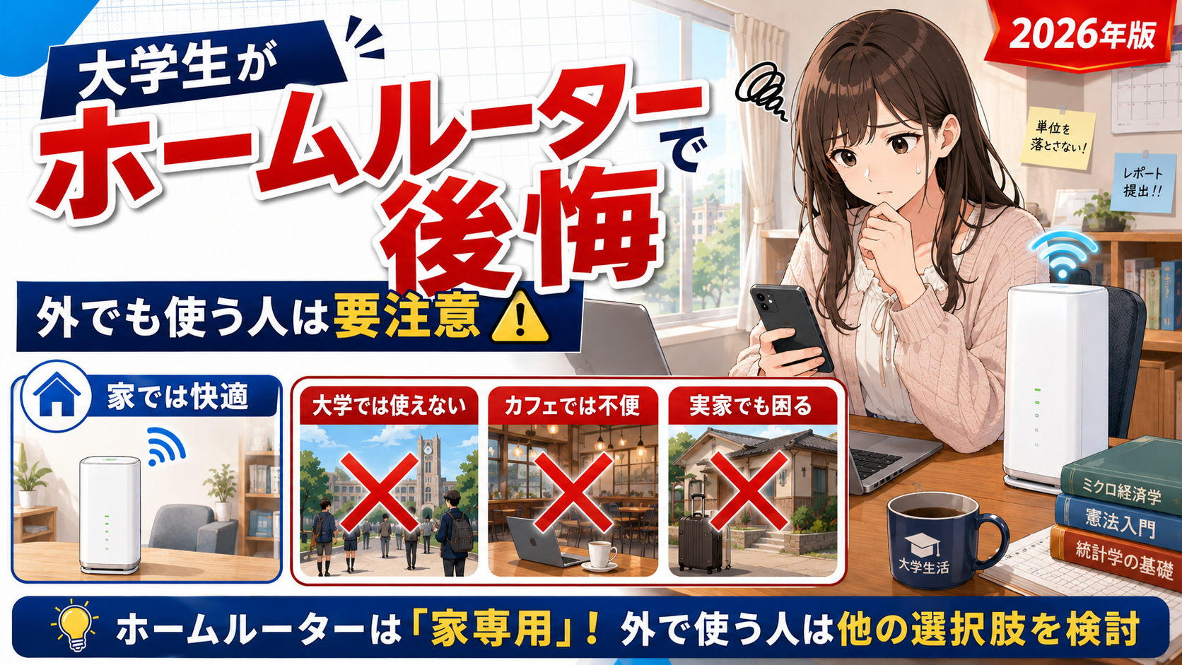大学生の女性がホームルーターを見ながら悩んでいるアイキャッチ画像。家では快適でも、大学・カフェ・実家では使えず、外でも使う人は後悔しやすいことを表現している。