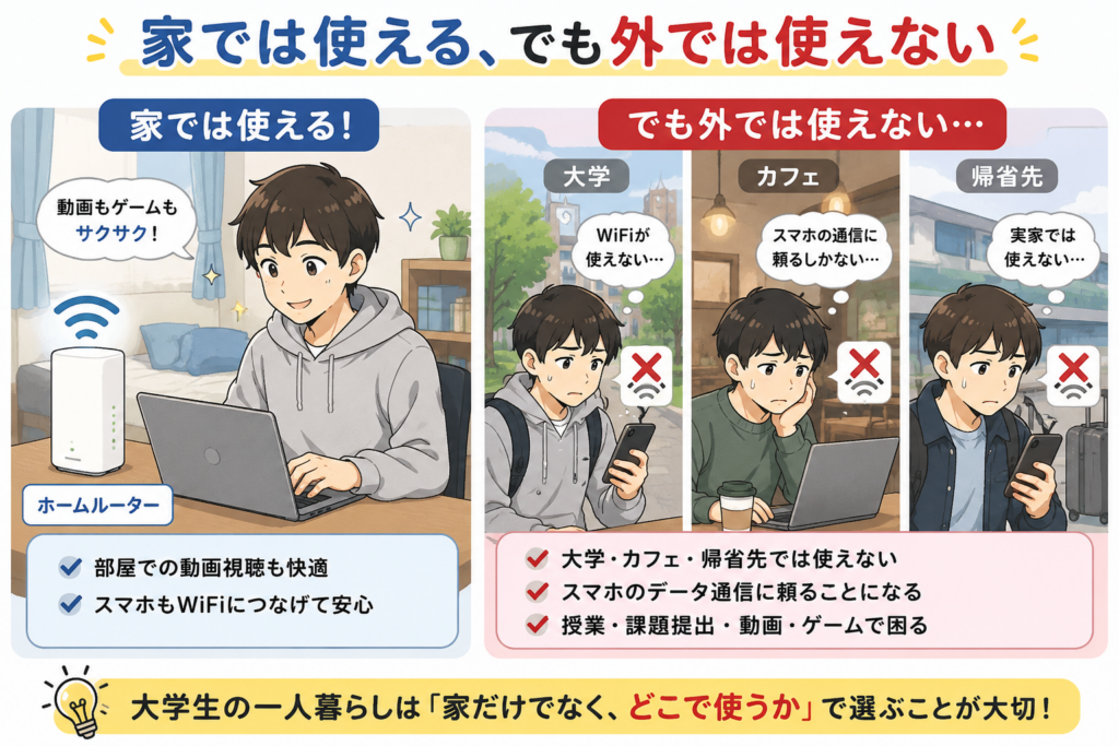 大学生の一人暮らしでホームルーターは家では使えるが、大学・カフェ・帰省先では使えないことを示したイラスト