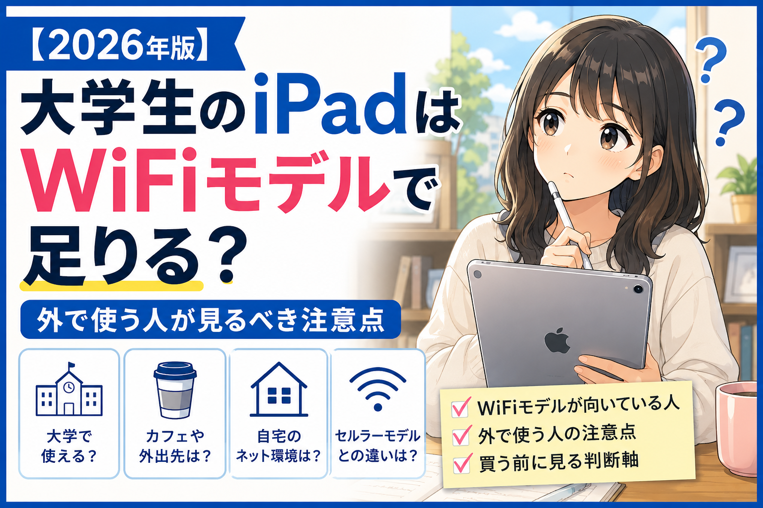 大学生がiPadのWiFiモデルで足りるか迷っている様子と、大学・カフェ・自宅で使う場面を示したアイキャッチ画像