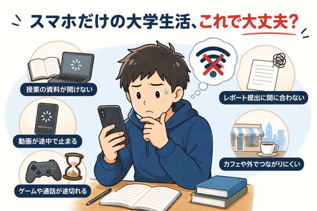 大学生がスマホだけで生活すると、授業資料・動画・レポート提出・ゲームや通話で困る場面をまとめたイラスト