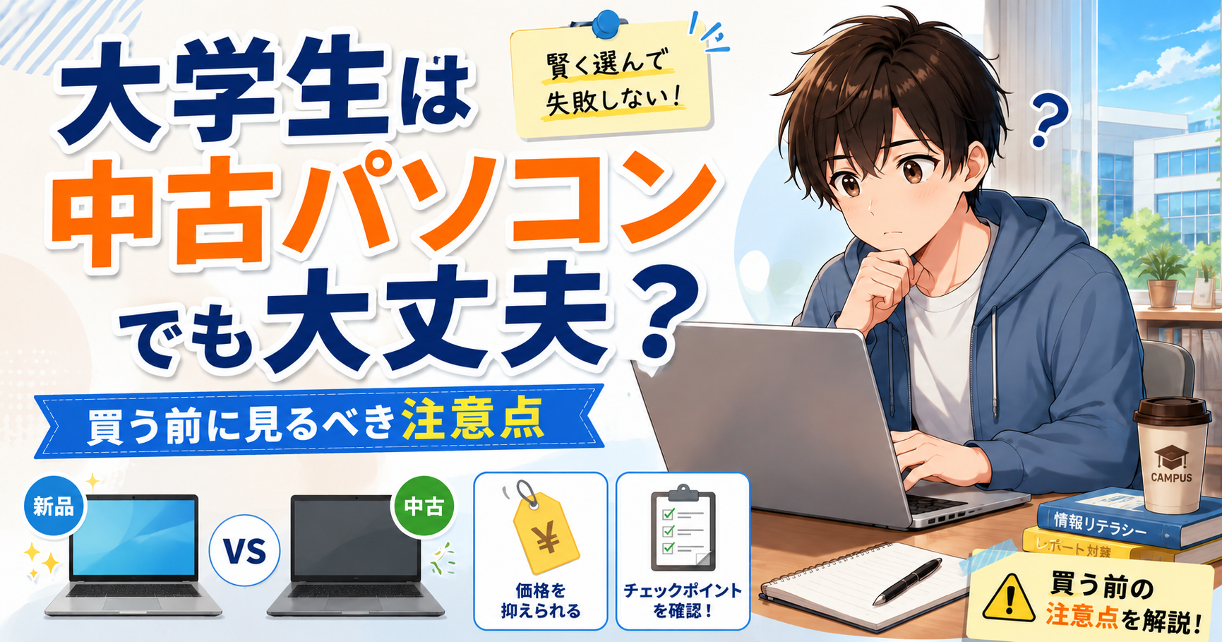 中古パソコンを買っても大丈夫か悩む大学生と、新品・中古の比較や購入前の注意点を示したアイキャッチ画像