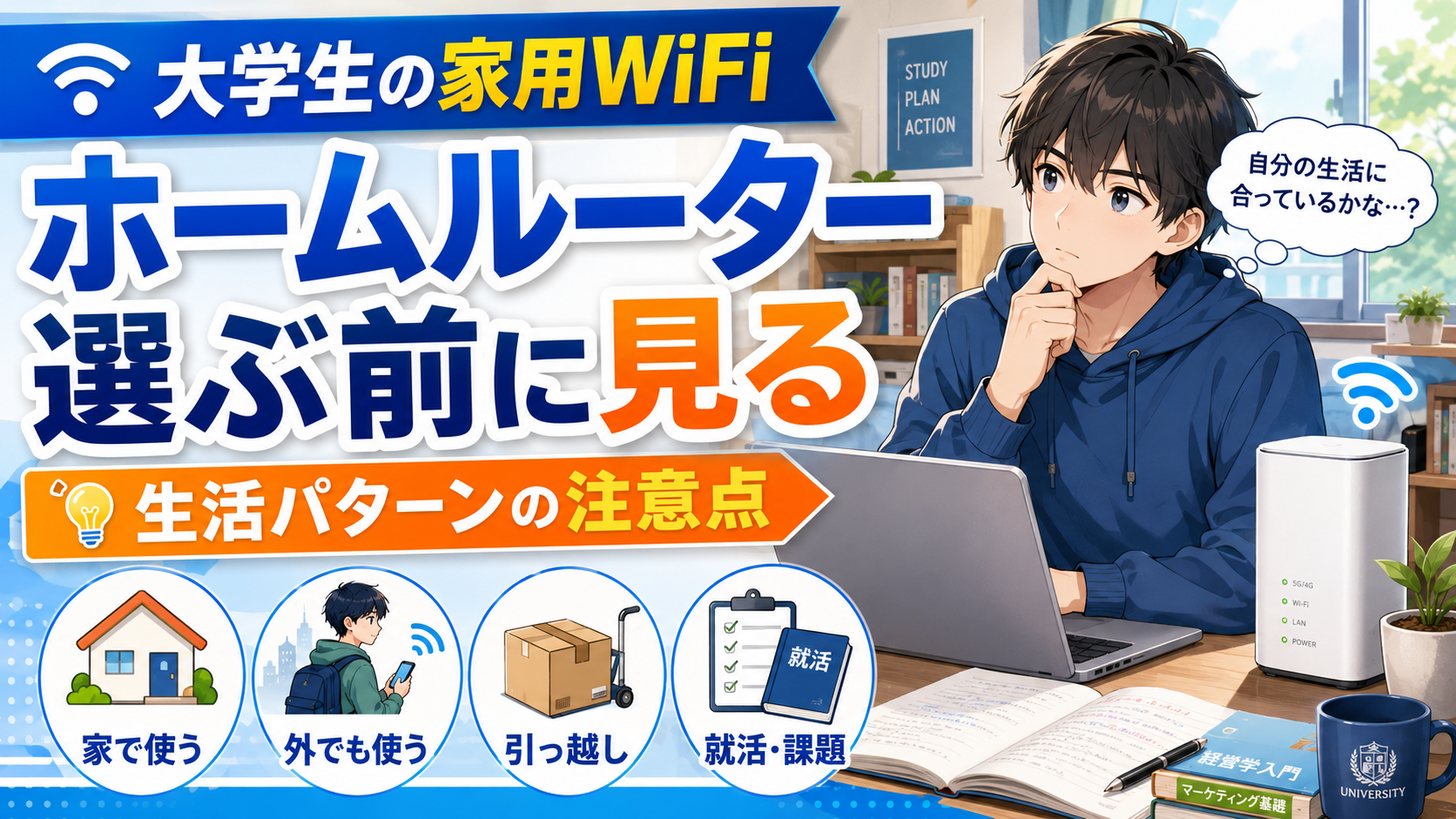 大学生がホームルーターを家用WiFiとして選ぶ前に、自分の生活パターンに合うか悩んでいるアイキャッチ画像