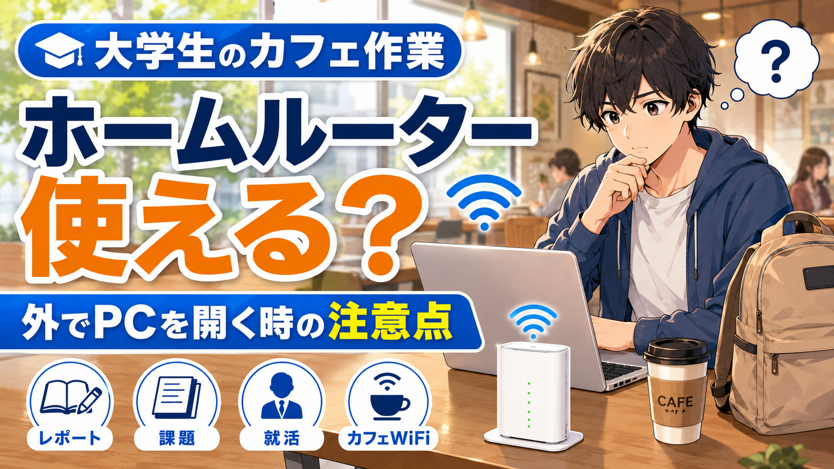 大学生がカフェでパソコン作業をしながら、ホームルーターを外で使えるか悩んでいるアイキャッチ画像