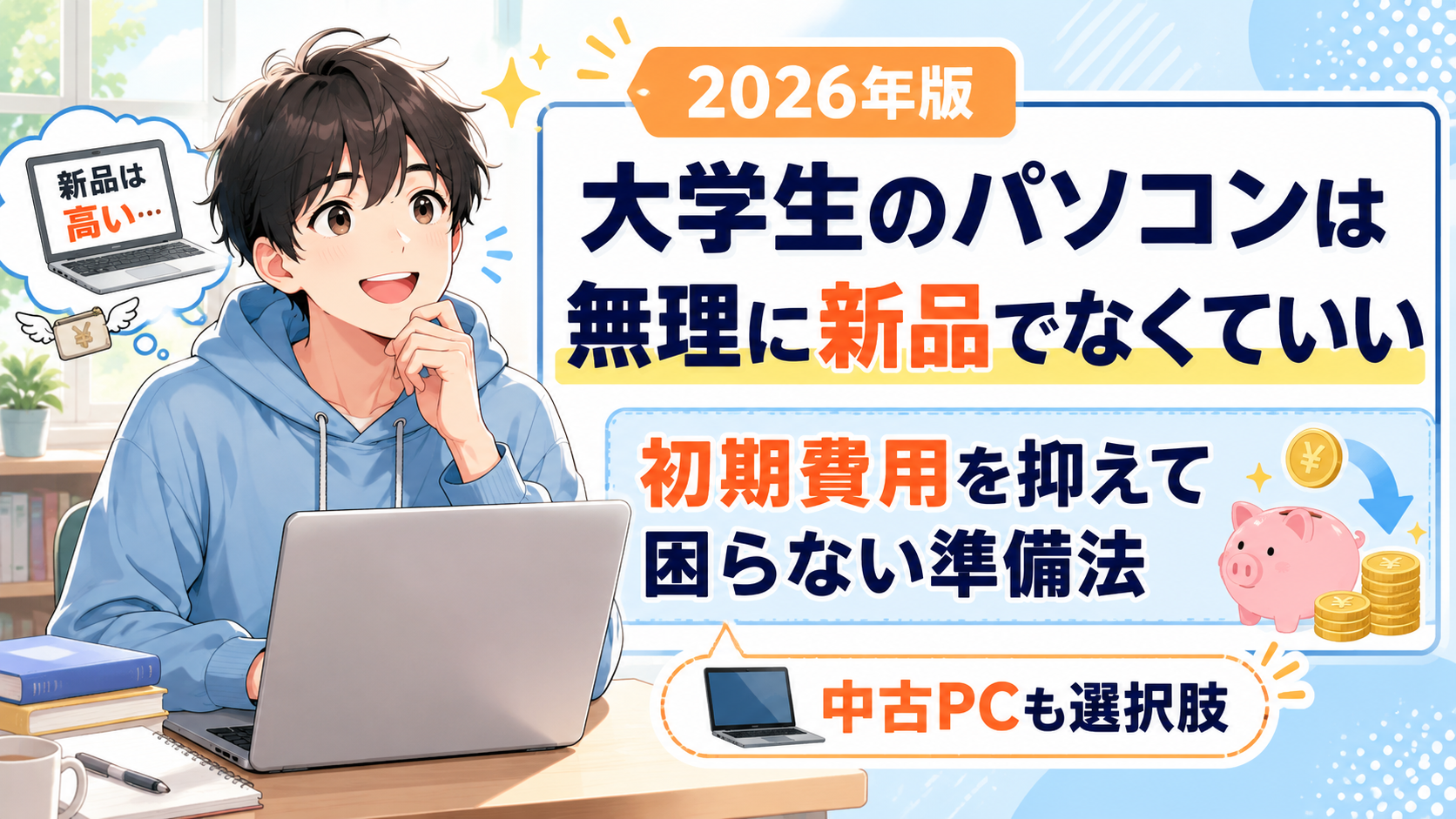 新品パソコンの価格に悩む大学生が、初期費用を抑えて中古PCも選択肢に入れる準備法を解説するアイキャッチ画像