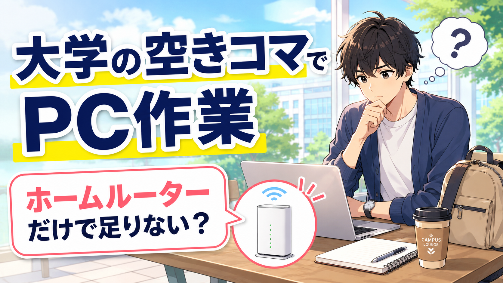 大学の空きコマでパソコン作業をする大学生が、ホームルーターだけで足りるか悩んでいるアイキャッチ画像