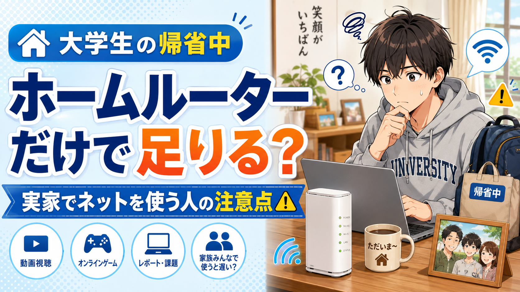 大学生の帰省中にホームルーターだけで足りるか、実家でネットを使う不安を表したアイキャッチ画像