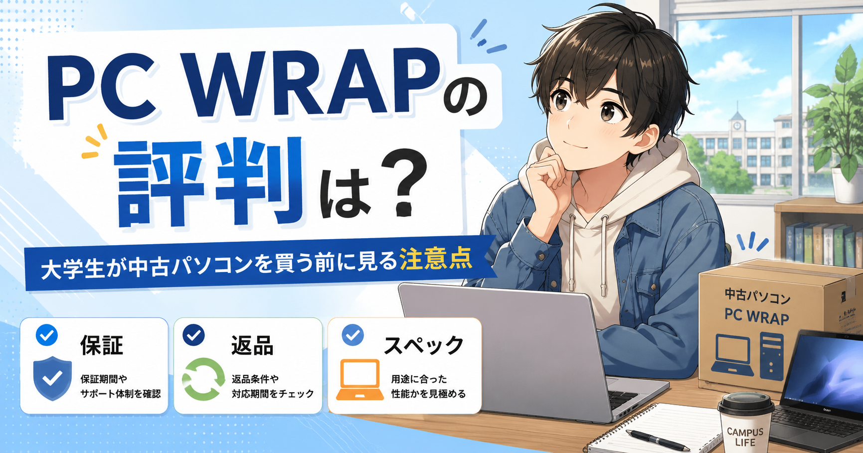 PC WRAPの評判と大学生が中古パソコンを買う前に見る注意点を解説するアイキャッチ画像