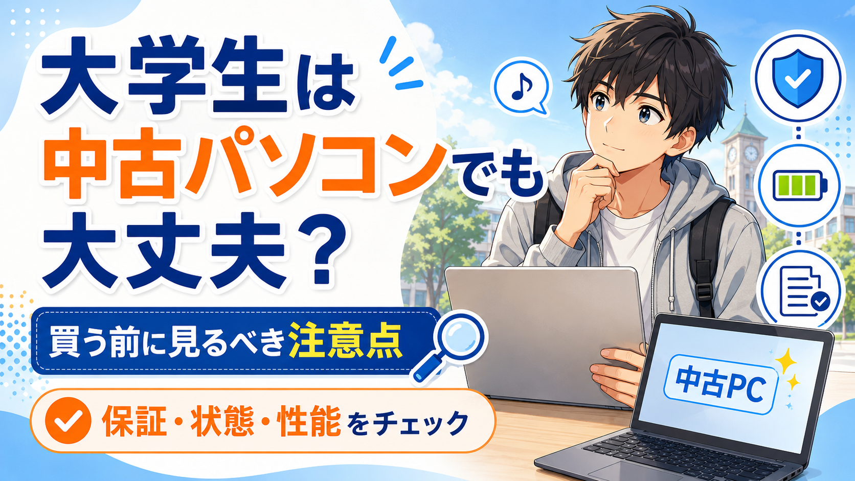 中古パソコンでも大学生のレポートや授業に使えるか、保証・状態・性能など買う前の注意点を解説するアイキャッチ画像