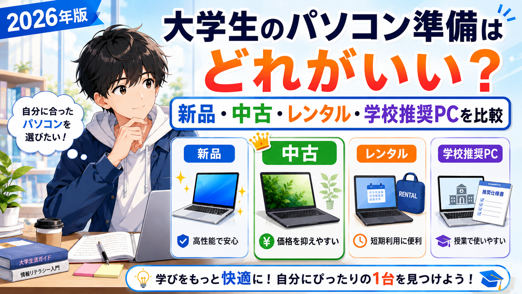 大学生のパソコン準備で新品・中古・レンタル・学校推奨PCを比較するアイキャッチ画像