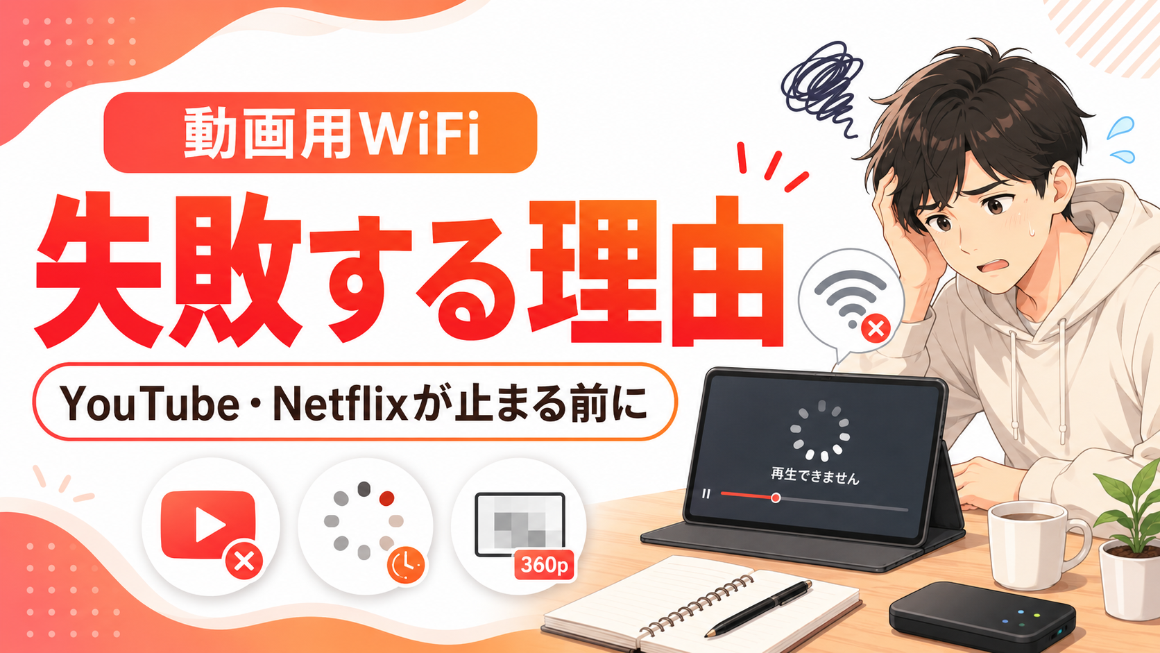 動画用WiFiで失敗する理由と、YouTube・Netflixが止まる原因を解説するアイキャッチ画像