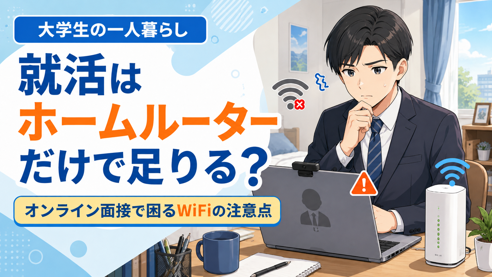 大学生の就活でホームルーターだけで足りるか、オンライン面接中のWiFi不安を表したアイキャッチ画像