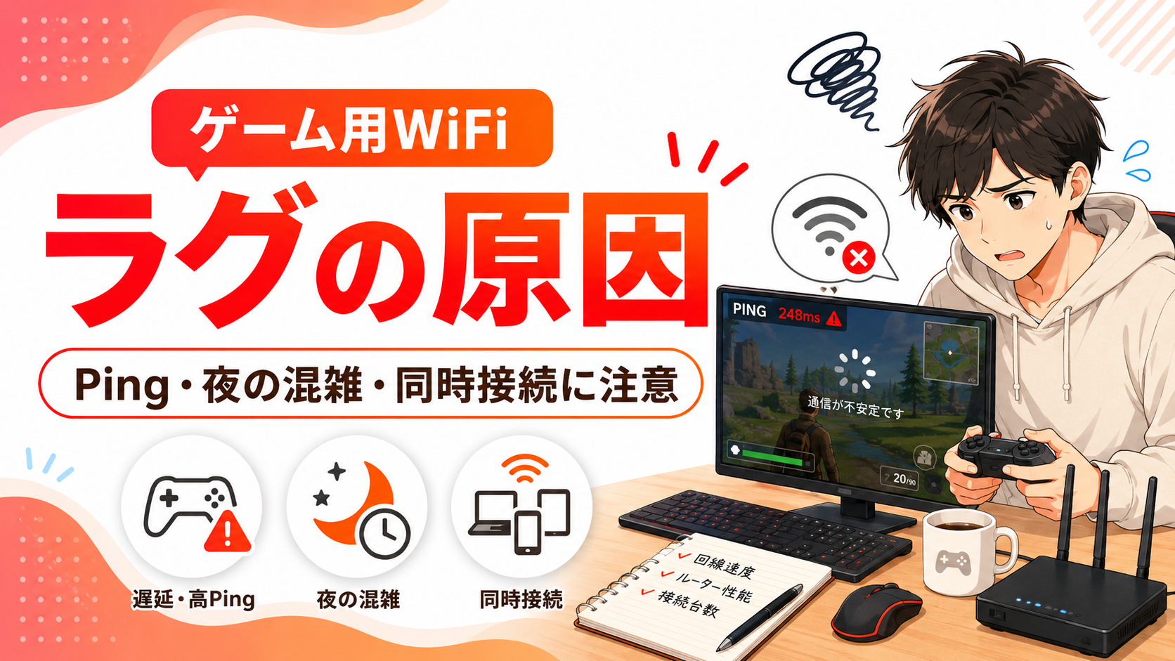 ゲームでラグが出る原因を、Ping・夜の混雑・同時接続の注意点とあわせて解説するアイキャッチ画像